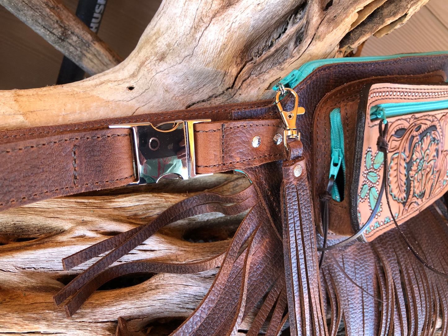 Western tooled leather floral and turquoise jewelry butterfly brown fringe Fanny pack