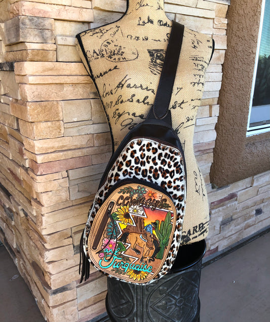 Western tooled leather Cowboys and Turquoise sling bag