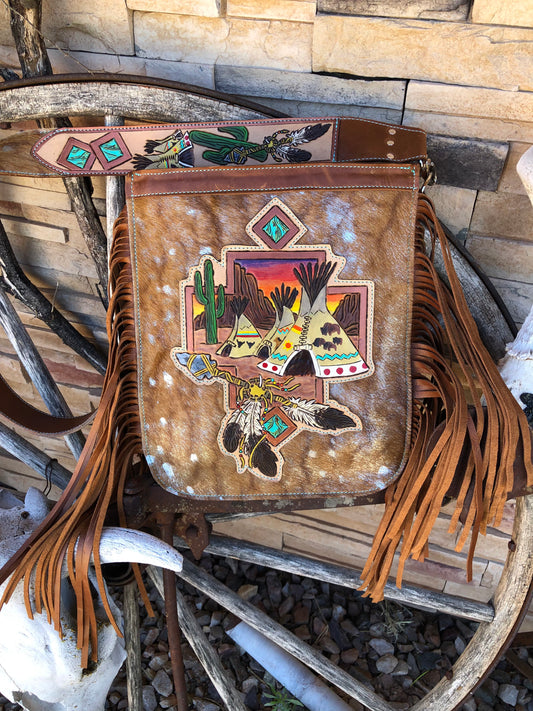 Southwestern tooled leather desert teepee fringe cowhide crossbody bag