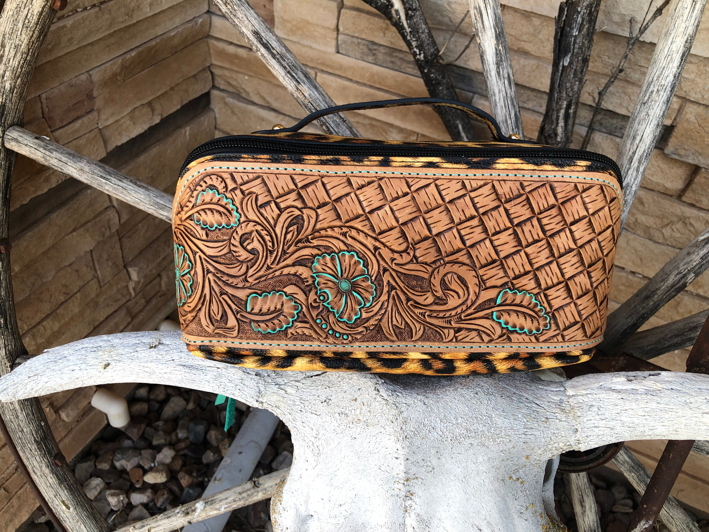 Western tooled leather floral and basket weave leopard print makeup bag