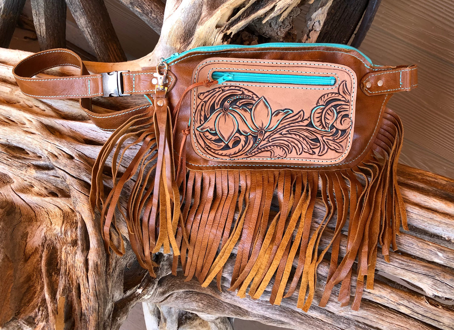 Western tooled leather floral saddle brown fringe Fanny pack