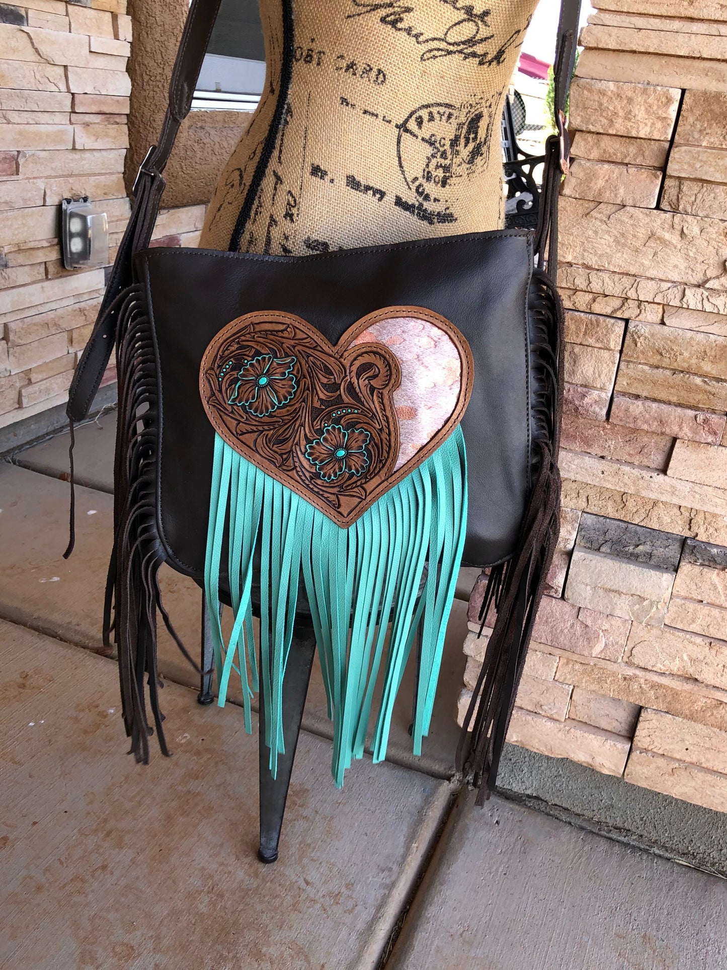 Western tooled leather floral heart fringe bag