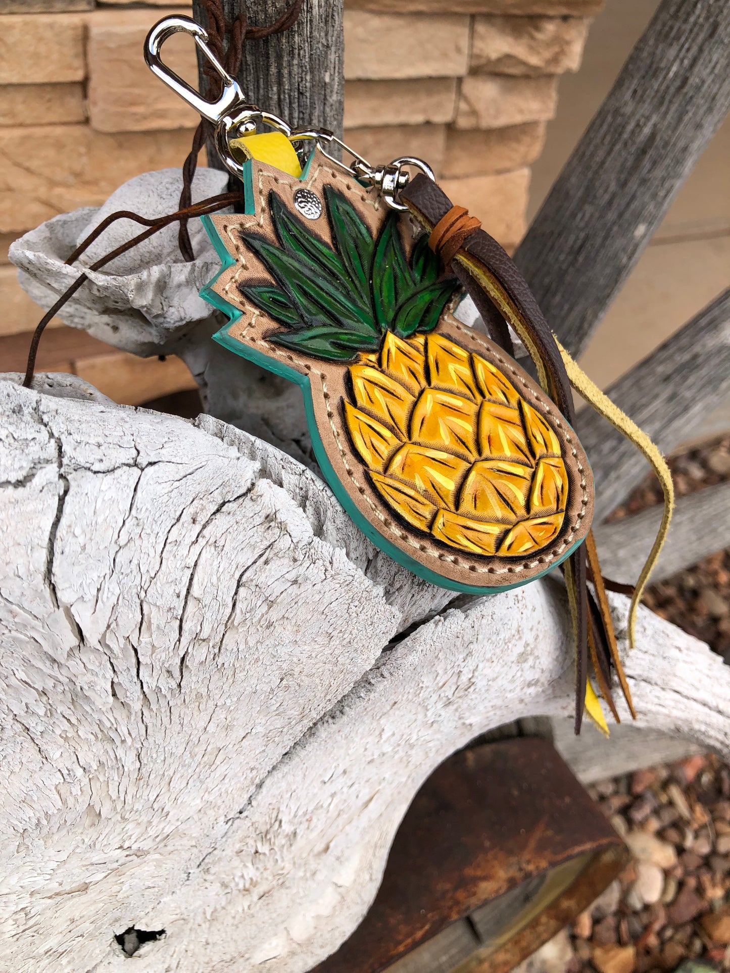 Tooled leather pineapple keychain