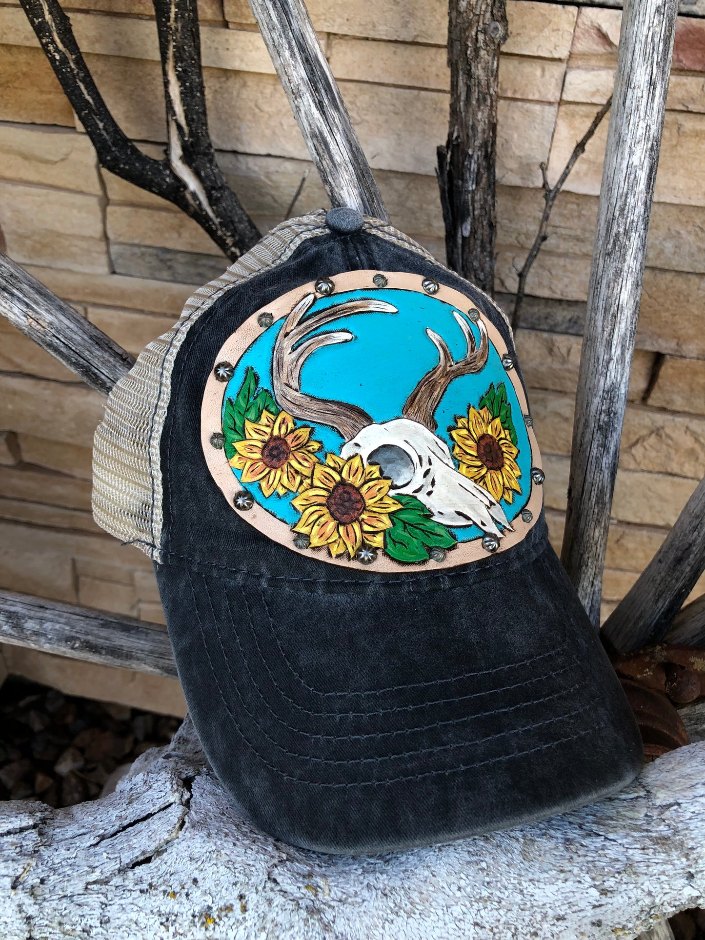 Western tooled leather deer skull and sunflower patch cap