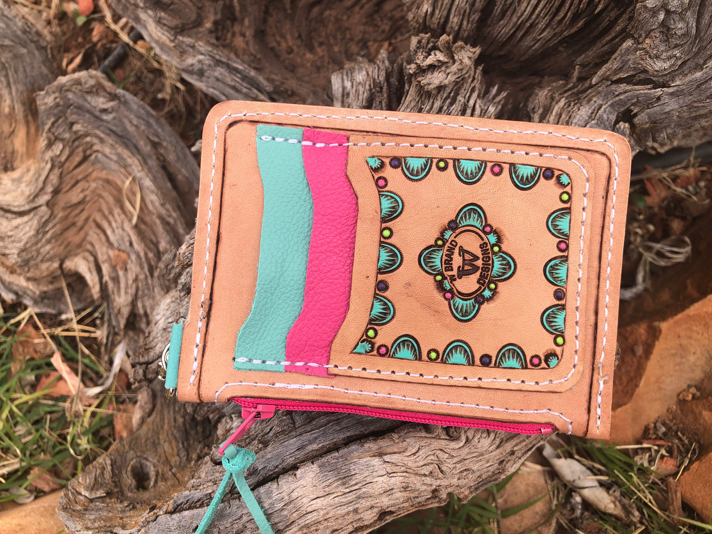 Western tooled leather floral and faux beadwork zipper card wallet