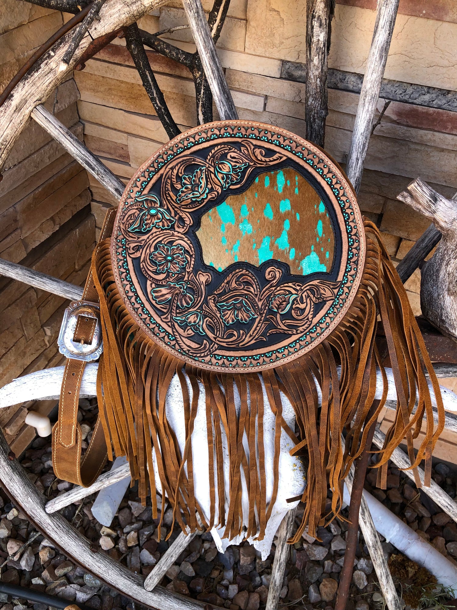Cowhide Crossbody Purse Western Bag With Fringes Turquoise 