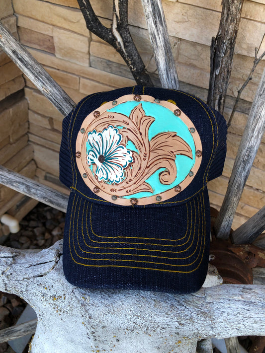 Western tooled leather floral patch cap