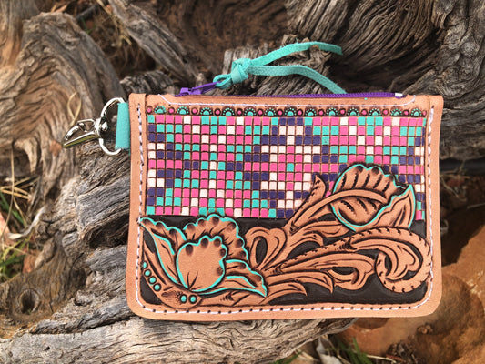 Western tooled leather floral and faux beadwork zipper card wallet