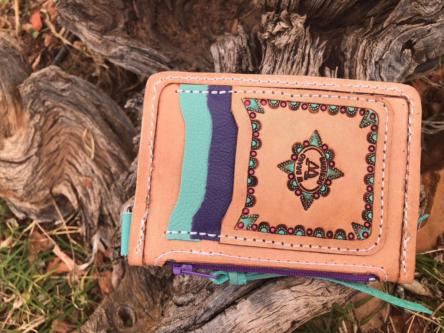 Western tooled leather floral and faux beadwork zipper card wallet