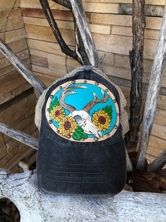 Western tooled leather deer skull and sunflower patch cap