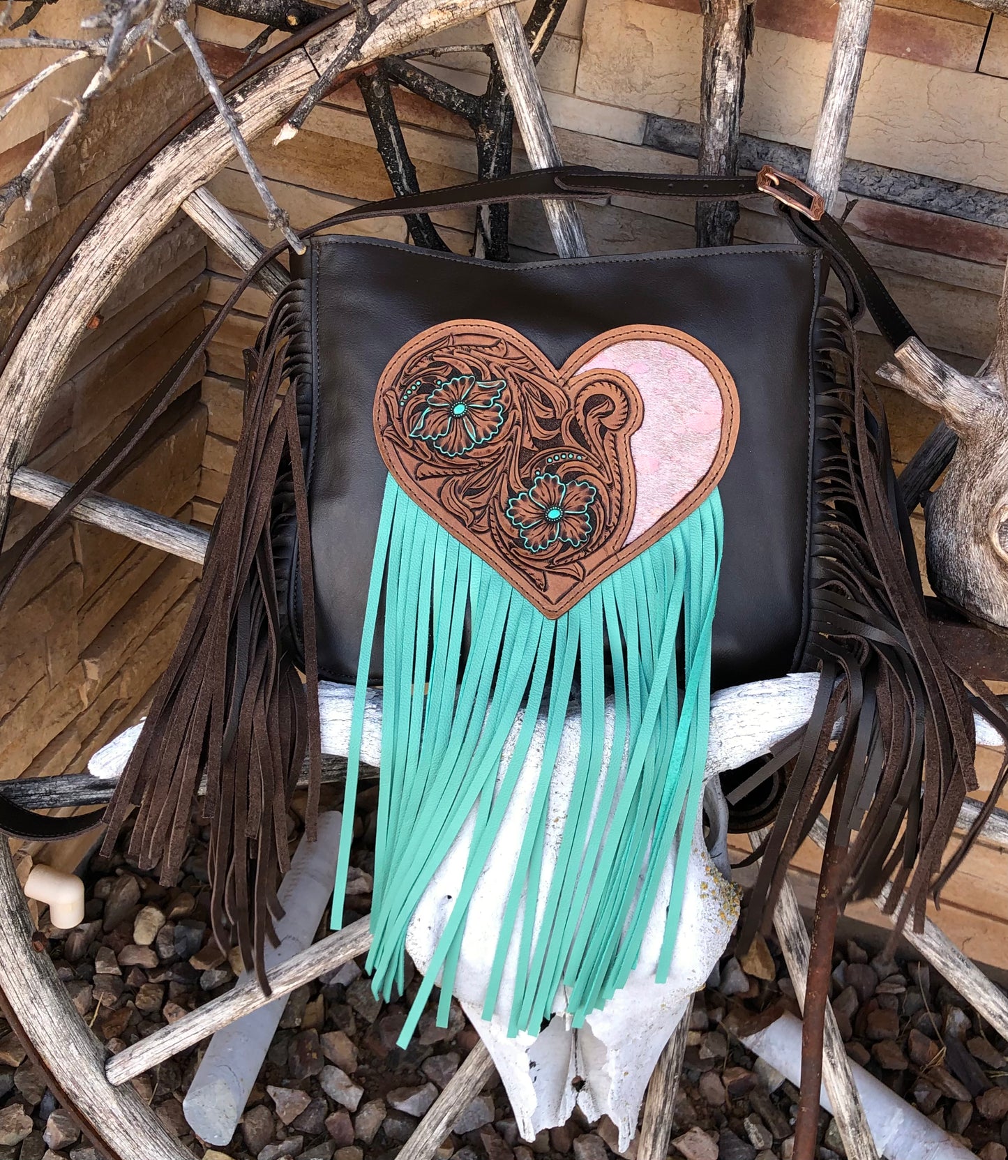 Western tooled leather floral heart fringe bag