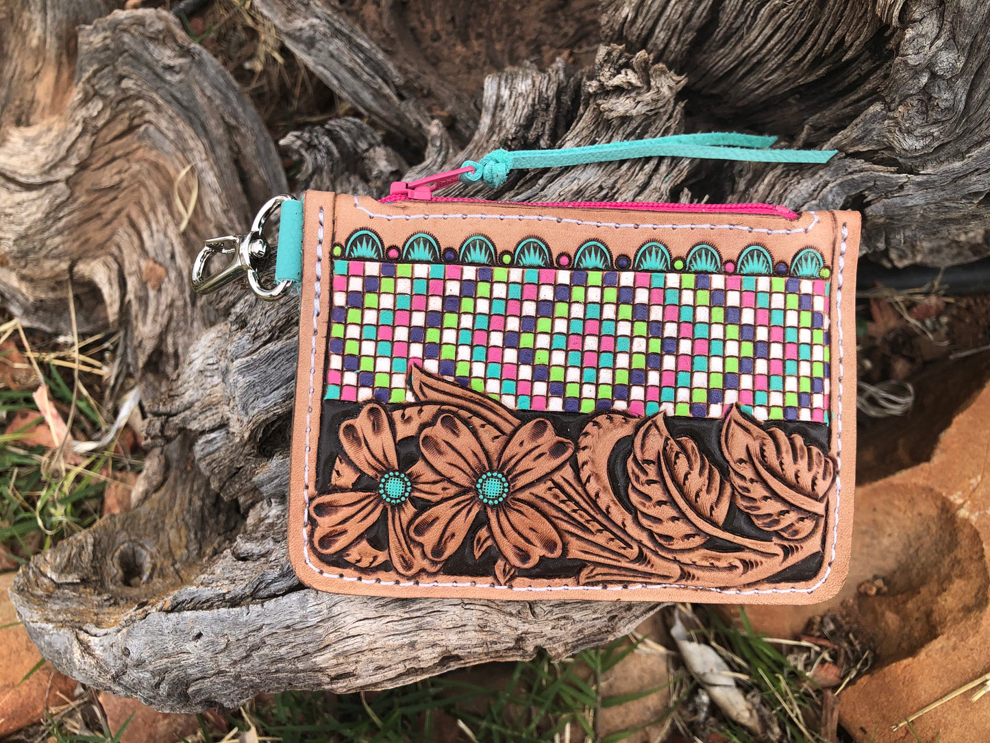 Western tooled leather floral and faux beadwork zipper card wallet