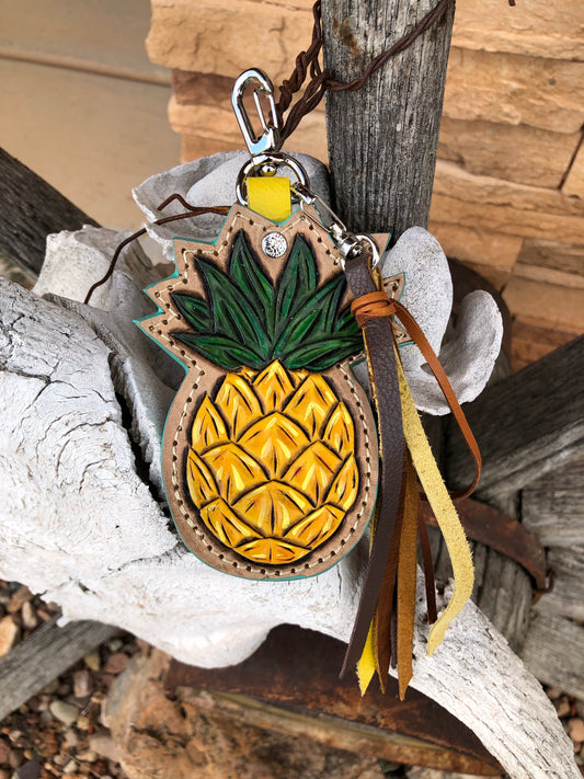 Tooled leather pineapple keychain